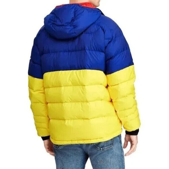 Polo Ralph Lauren Puffer Jacket Down Fill Glacier Hooded Yellow Blue - Picture 3 of 16